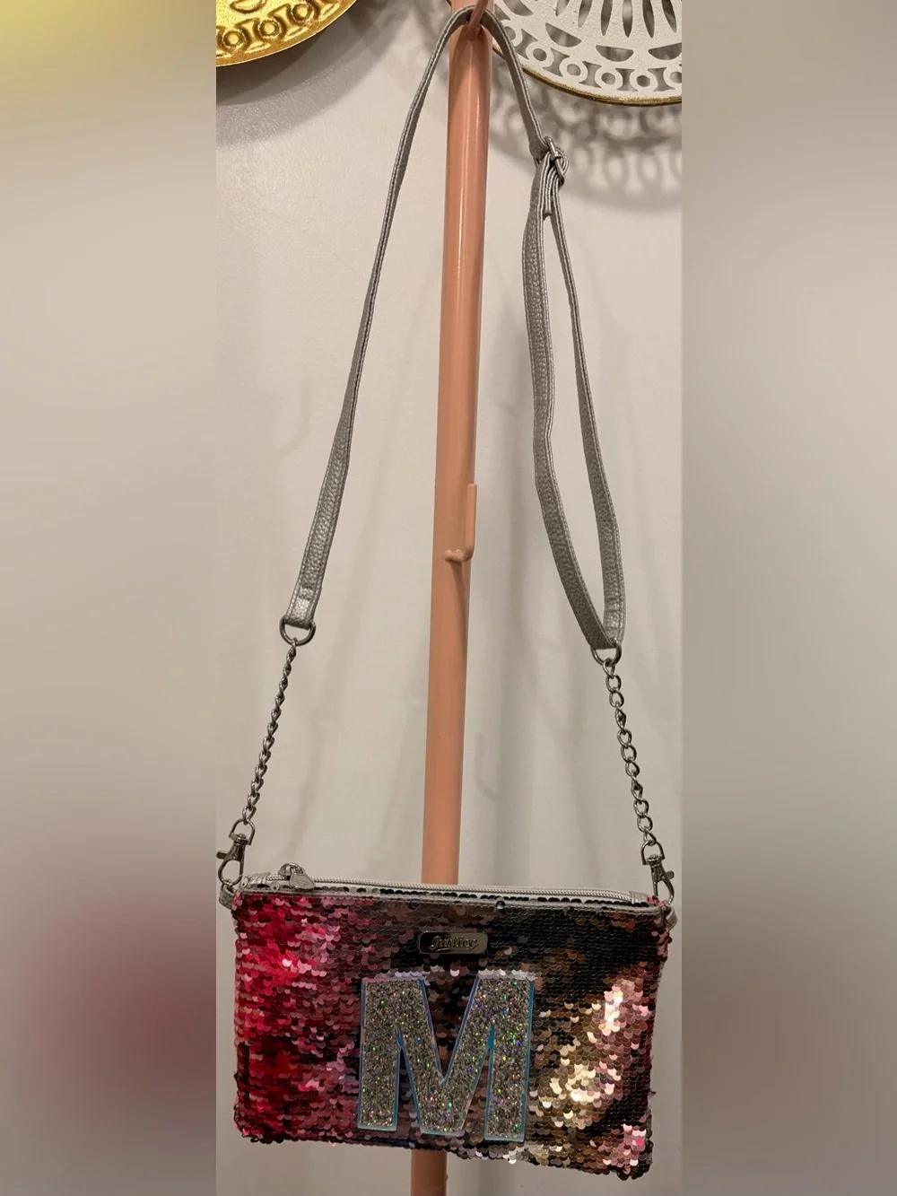 Justice Pink and Silver Sequin Crossbody Bag with Glitter Initial M